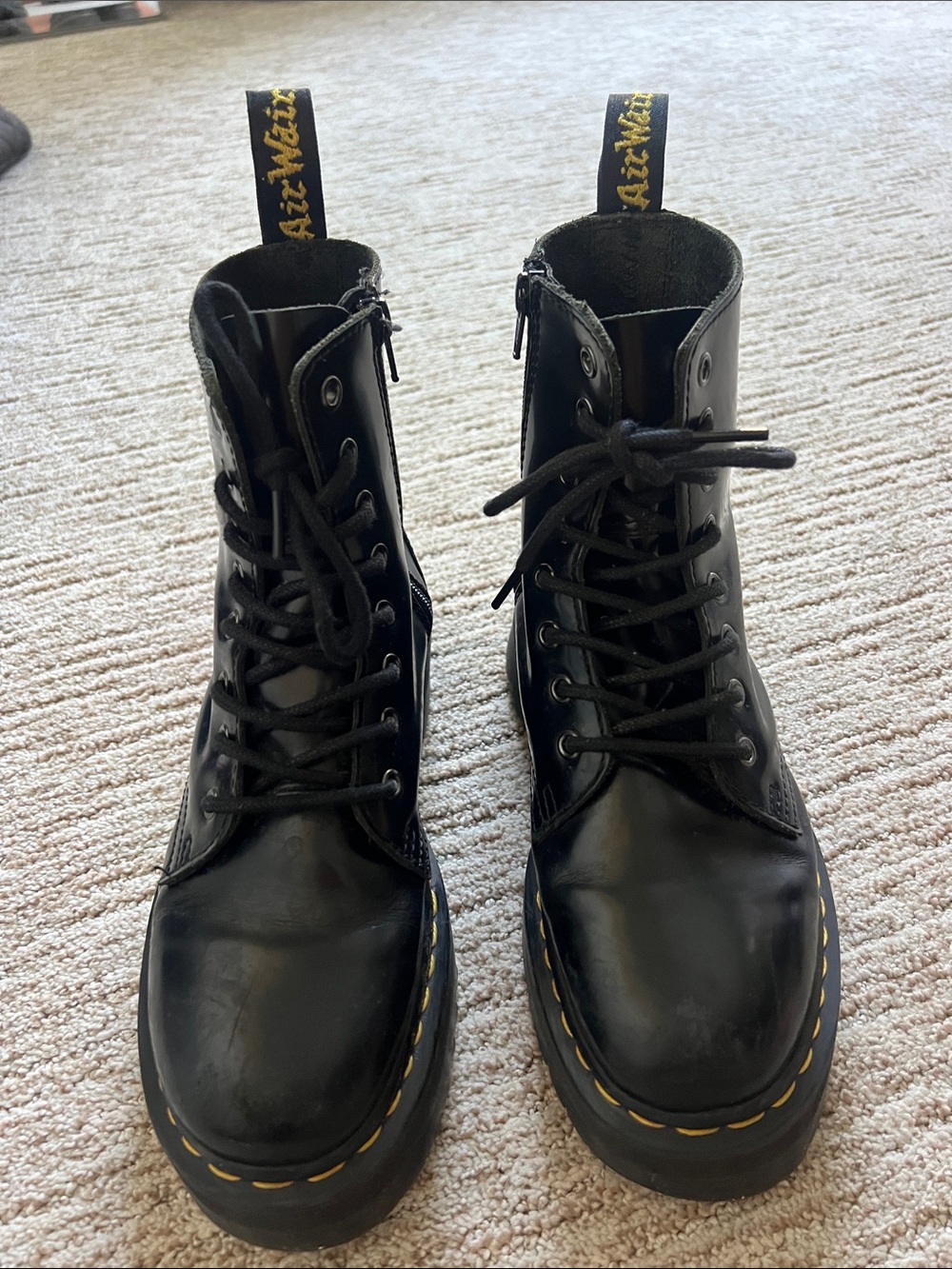 Dr. Martens Black Leather Lace-Up Boots with Yellow Stitching